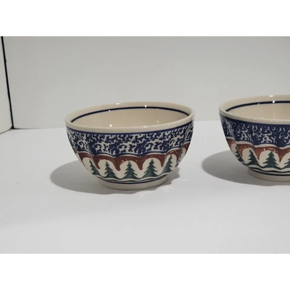 2x Boleslawiec Polish Pottery Ramekin Bowl Christmas Tree‎ Stars Pine Boughs